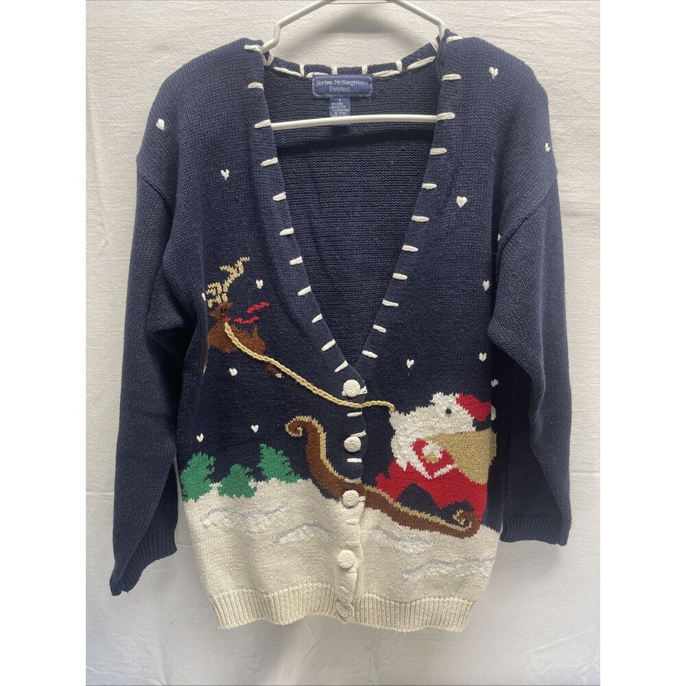 Woman's Vintage Maggie McNaughton Small Christmas Sweater Cardigan Santa Sleigh